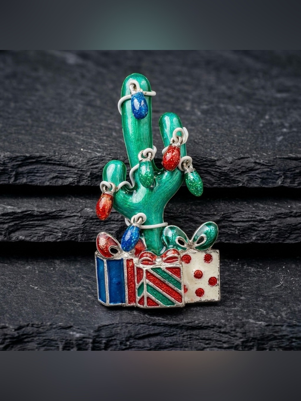 Vintage 90s Southwestern Christmas Cactus Dangle Glitter Light Present Brooch